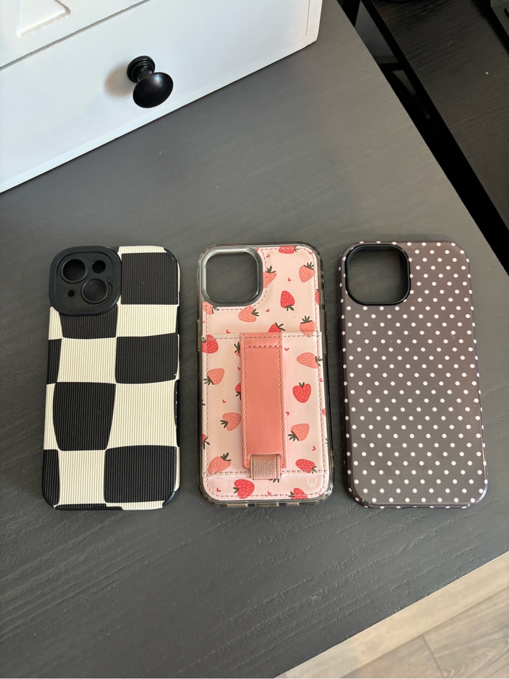 15 Phone Case Trio - Black & White Checker, Pink Strawberry, Brown Polka Dot
